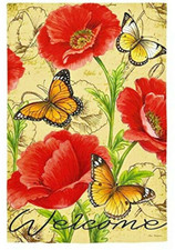 Evergreen Welcome Yard Flag Bright Florals Butterflies Double Sided Summer 12x18