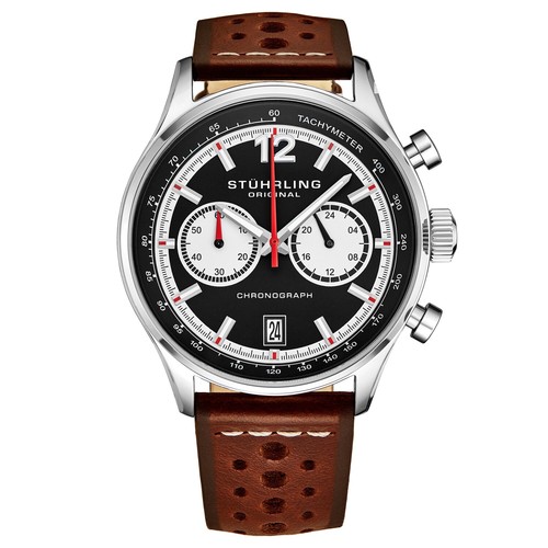 Stuhrling 933 01 Tachymeter Date Brown Leather Strap Quartz Mens Watch