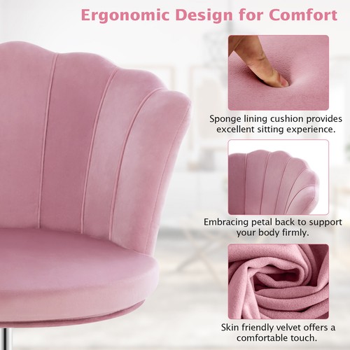 Velvet Petal Shell Office Chair Adjustable Swivel Accent Vanity Armchair Pink - Picture 7 of 9