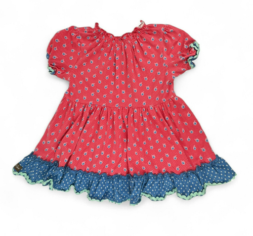 Matilda Jane Girls Dress 8 Blue Pink Apples Short Sleeve Ruffle Trim Stretch - Picture 2 of 7