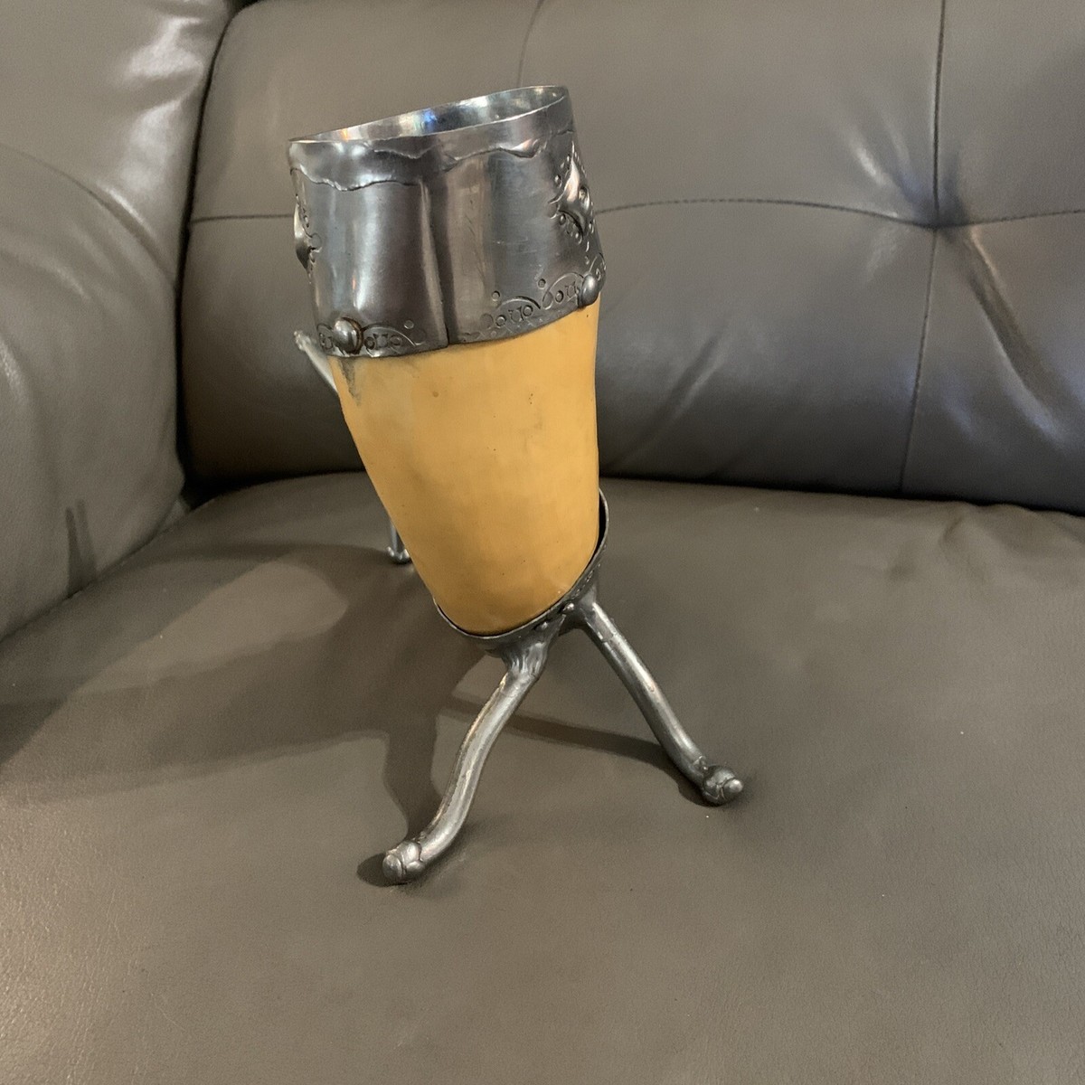 Vintage 60s-Era Norwegian Viking Drinking Horn Viking Pewter