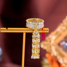 Yellow Gold Plated Long Tassel Charm Cubic Zirconia Bridal Women Engagement Ring