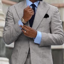 Gray Striped Seersucker Men Suits Summer Wear Beach Jackets Formal Tuxedos Groom