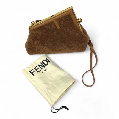 Fendi First Brown Shearling Sheepskin Shoulder Bag w/ Gold