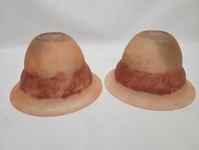 2 Lamp Shades Frosted Glass Hand Painted Vintage Peach & Rust Band Rare Prop