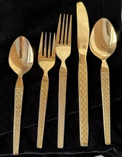 Vintage Hanford Forge Tracadero Gold Stainless Steel Flatware Set  Set 6  30 Pcs