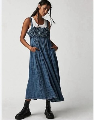 Free People Flower Fields Midi Dress Indigo Blue Cotton Gauze 3D Rosettes Small