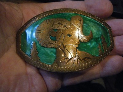 Johnson & Held J & H Inlaid BIG HORNED SHEEP  Vintage Belt Buckle Handcrafted
