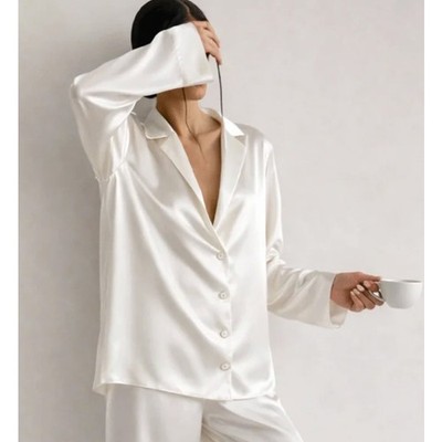 Daisy Silk 22 Momme Mulberry Silk White Pajama Shirt Blouse L Quiet Luxury