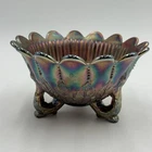 Antique Northwood Leaf And Beads Amethyst Carnival Glass Three Footed Nut Bowl
