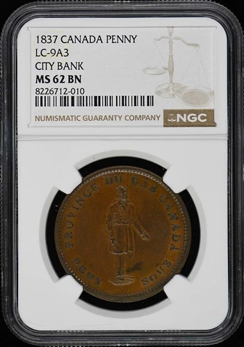 1837 CANADA LC-9A3 CITY BANK PENNY NGC MS62BN