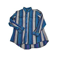 Vintage 90s Wrangler Brushpopper Western Shirt Teal Purple Striped Mens Large
