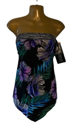 Miraclesuit Hankini Tankini Top Flora Aura Black Removable Straps Sz 8 NWT $140