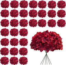 Dark Red Faux Hydrangea Flowers Bulk - 30 Pcs Silk Flower Heads with Stems