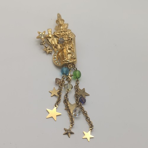 Kirks Folly Signed Wizard & Stars Dangle Brooch Pin, Gold Tone Crystal Vintage