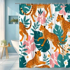 Tropical Cheetah Shower Curtain Jungle Leopard Print with Leaves and Flowers Bat