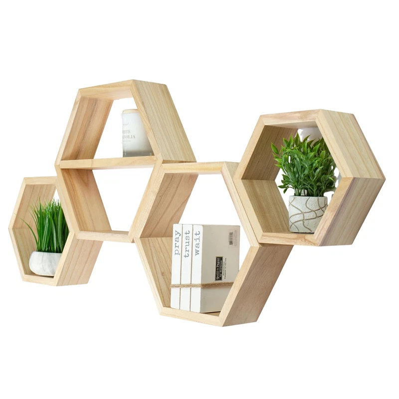 Labend Home Hexagon Floating Shelves Set Of 4 - Solid Wood Wall Mounted Shelves