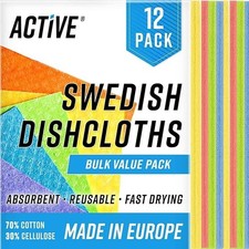 ACTIVE Swedish Dish Cloths for Kitchen 12 Pack Cellulose Sponge Cloth, Washable