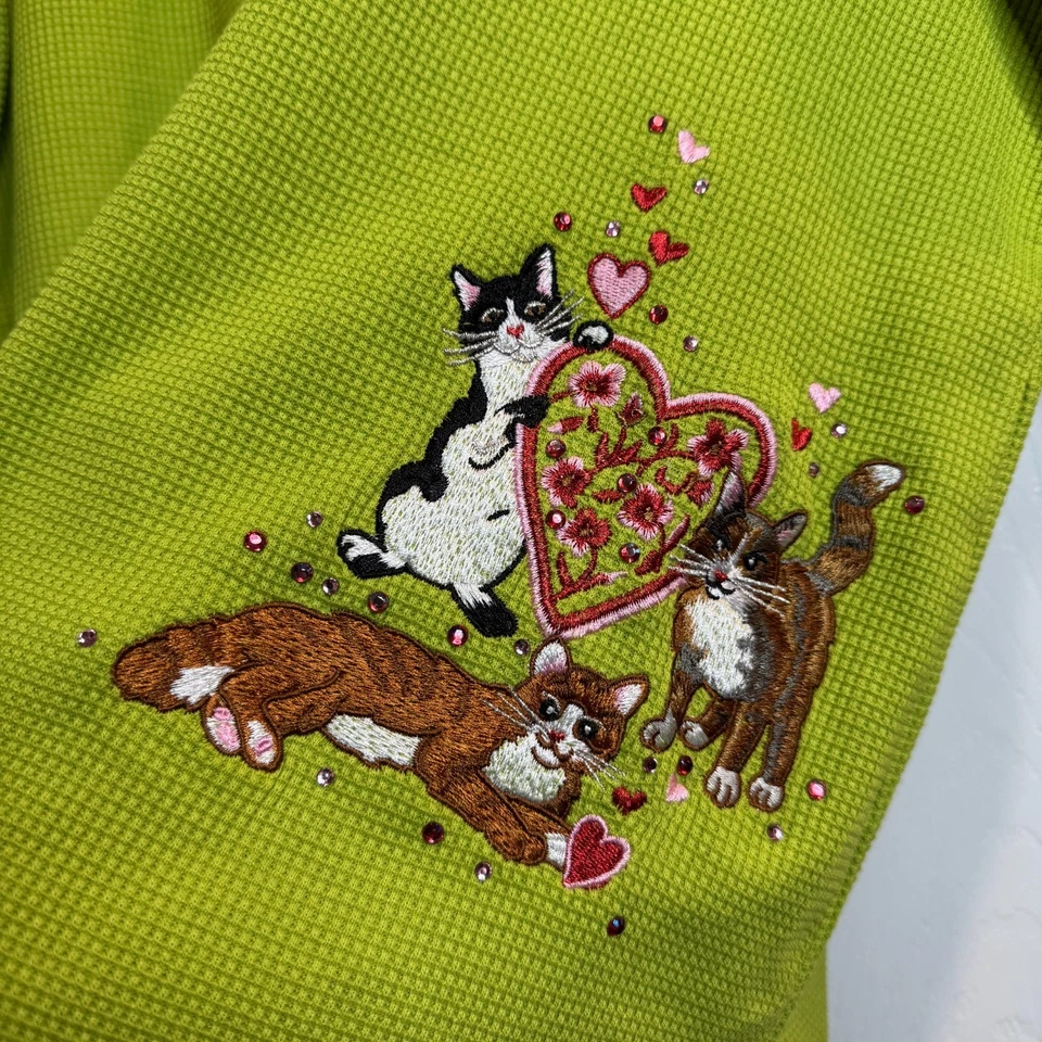 Top Quacker Factory para mujer tejido gofre bordado térmico gatitos con joyas talla L Foto 3 de 4