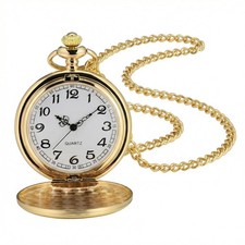 Vintage Gold Mechanical Smooth Pocket Watch Chain Leather