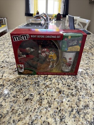 M&M's Night Before Christmas Plate And Glass Set Cookies For Santa  New