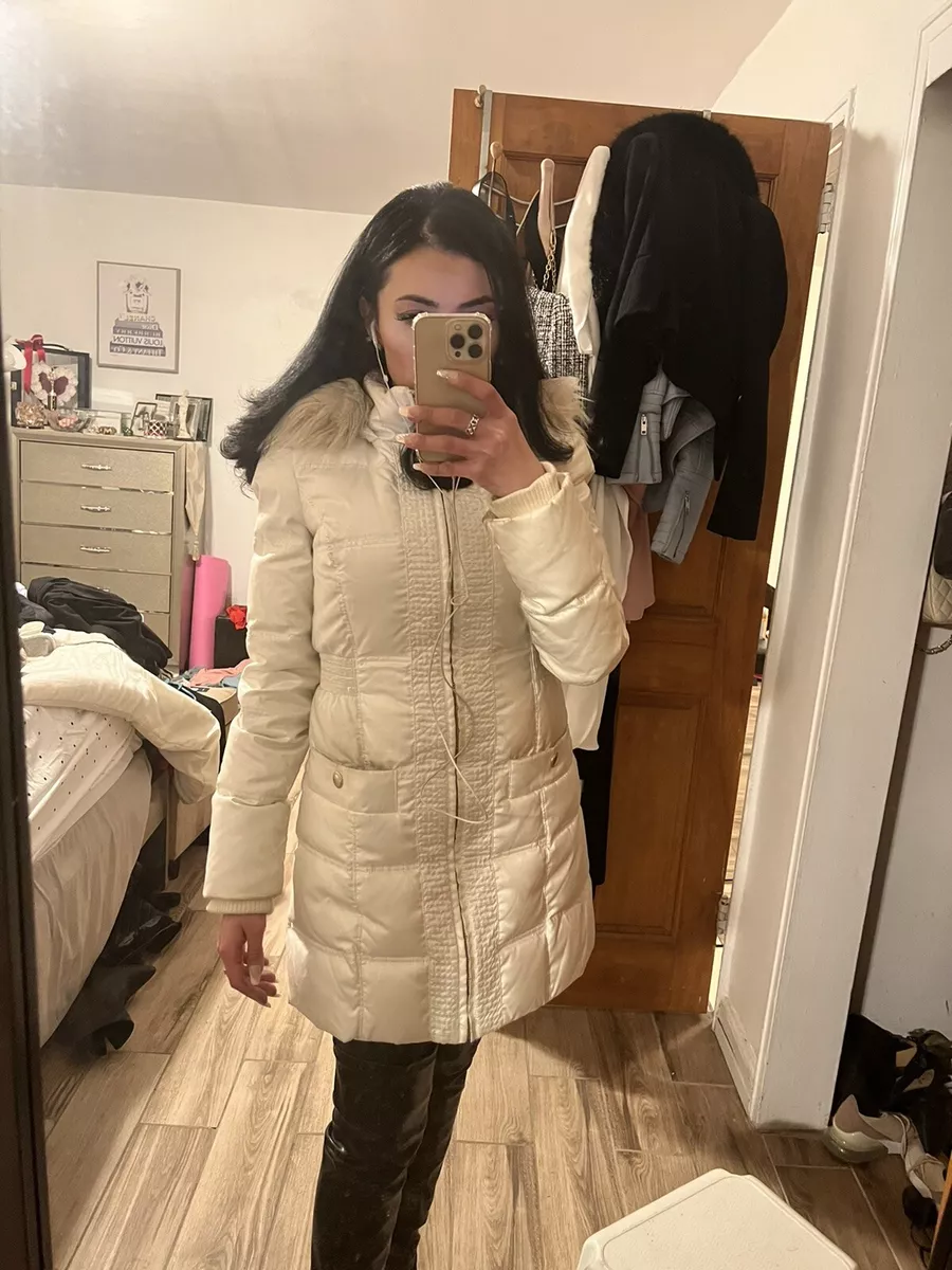 Long puffer cheap coat cream