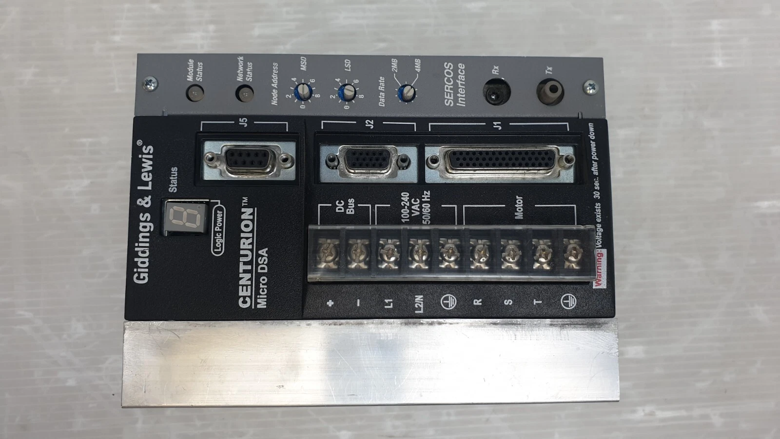 Centurion Micro DSA front: terminals, J1, J2, J5 connectors, node address and data-rate switches