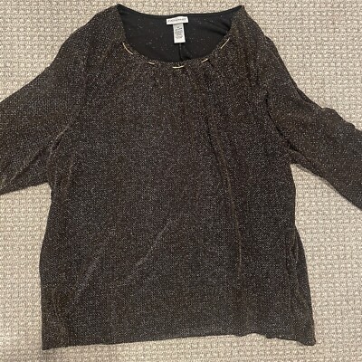 Catherines Shirt Womens 3X Black Gold Shimmer Metallic 3/4 Sleeve Stretch Blouse