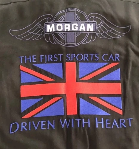 MORGAN MOTOR COMPANY Mens Black Silk Embroidered Camp Shirt Size Large 