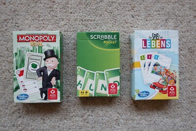 3 Kartenspiele Monopoly Deal, Scrabble Pocket, Das Spiel des Lebens