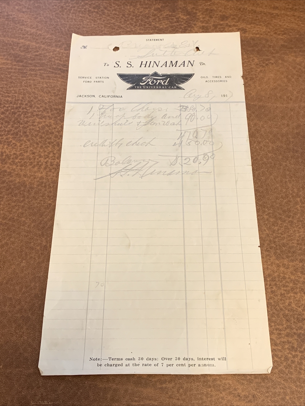 Rare S. S. Hinaman Ford Car Jackson California 1917 Invoice Receipt