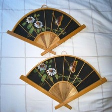 2 Vintage Oriental Hand Painted Cloth Bamboo Wall Art Decor Fan