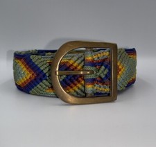 Macrame Rainbow Boho Hippy Belt Solid Brass Buckle 1970