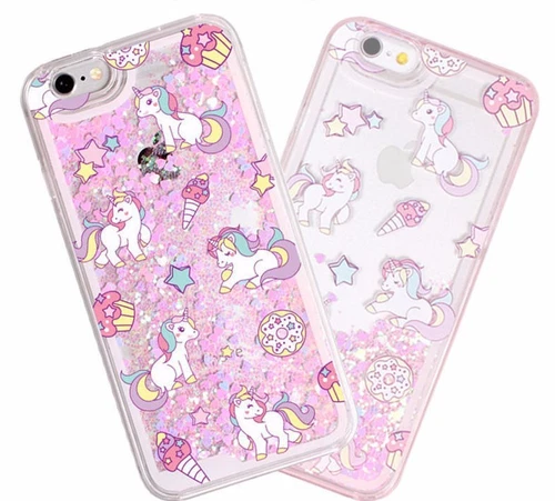 iPhone 5/6S/7+/8+PLUS - HARD CASE Waterfall PINK UNICORNS Liquid Glitter Hearts