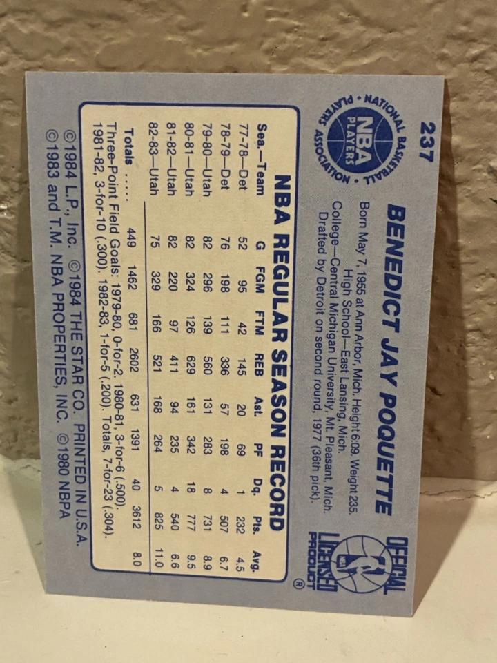 1983-84 Star Ben Poquette #237 Cleveland Cavaliers NRMT - Image 2 of 2