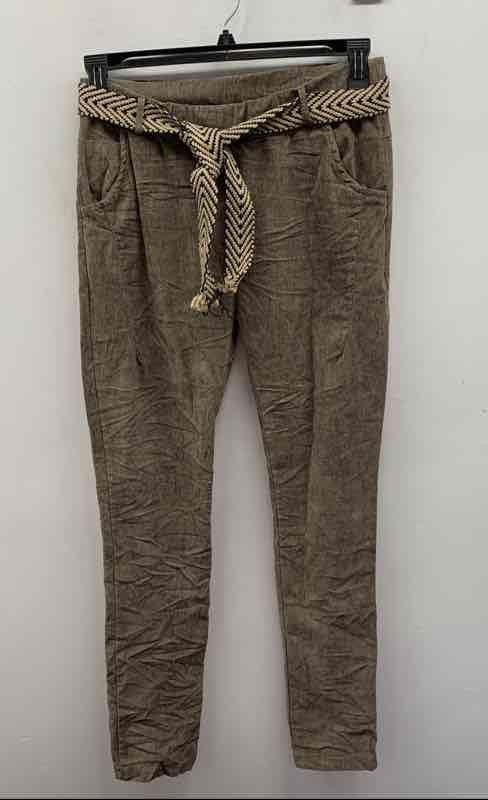 Esther Women's Brown Textured Crinkle Tapered Pants with Woven Belt NWT XL