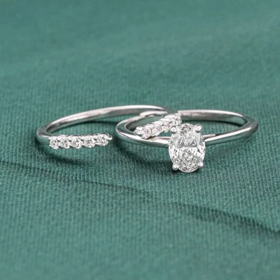 0.82 CT Natürlich Si / H Ovalschliff Diamant Stapelbar Ring Set 14k Weiß - Bild 1 von 4