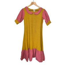 Threaded Tales Custom Made Peter Pan Collar Cotton Gold Pink Maxi Dress Sz M