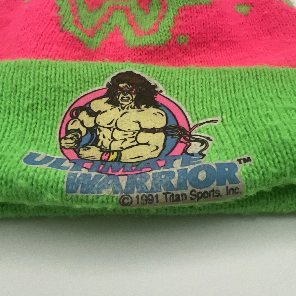 De colección Ultimate Warrior Sombrero 1991 WWF WWE Gorro Rosa Neón Verde RARO Foto 2 de 4
