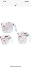 Pyrex 3 Piece Glass Measuring Cup Set, Wet/Dry, Measure In Ounce, Cups, ML. NEW