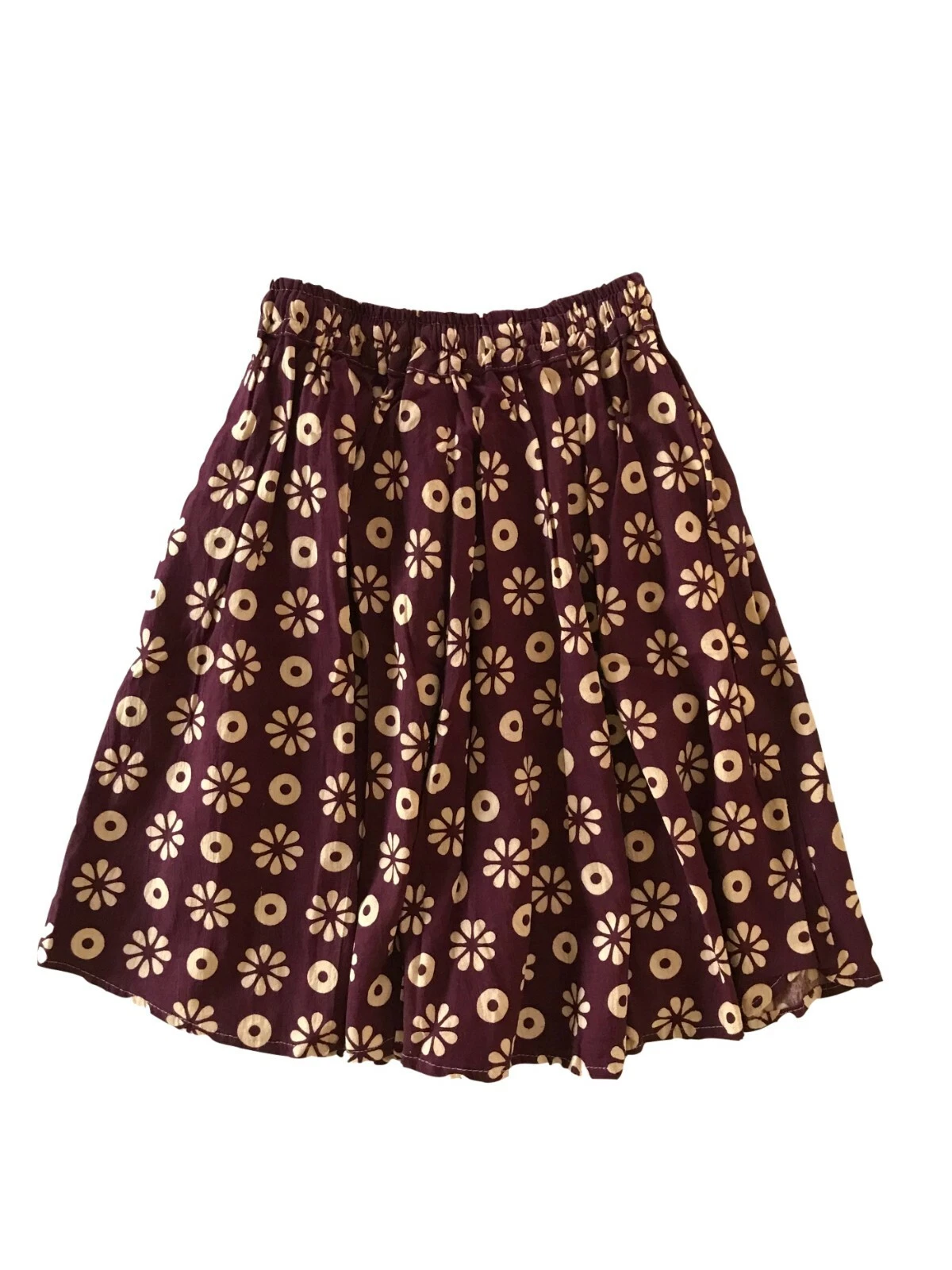 Brown Cotton Skater Skirt Printed with Floral Design, Short, Elastic Waistband