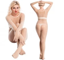 Women Men Seamless Full Bodystocking Transparent Bodysuit W Finger Gloves /toes 