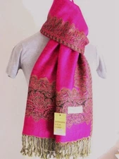 Women's Pashmina Scarf Shawl:Paisley Hot pink,Black,Silk,Cashmere Soft*016 