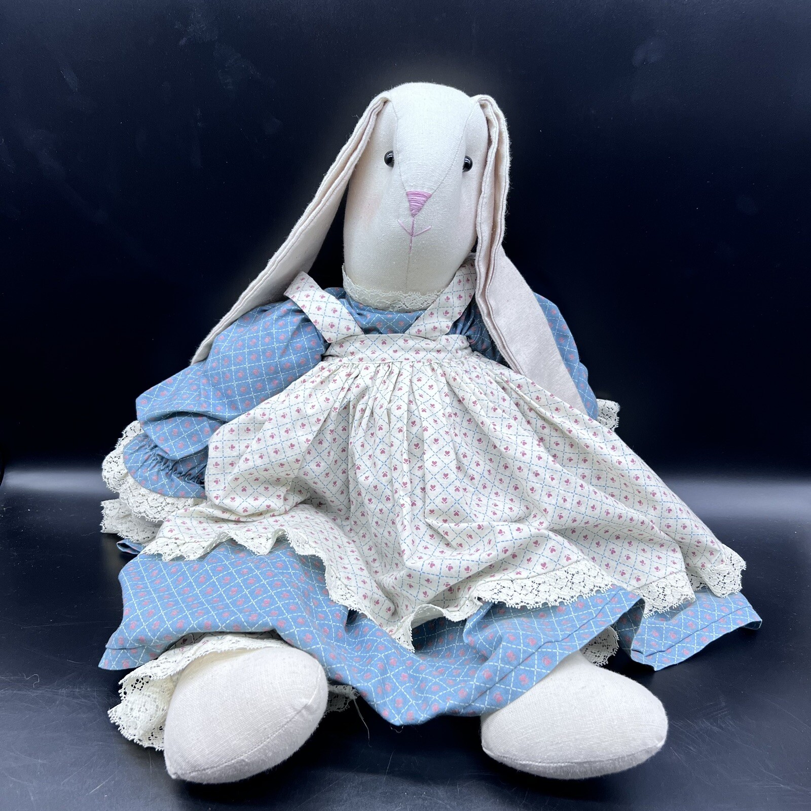 VTG 1980s Handmade Bunny Rabbit Plush Toy Doll Floppy Ears Easter Blue Dress 26”