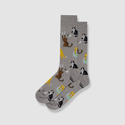 Hot Sox Men's Gray Bad Cat Print Socks Size 10-13