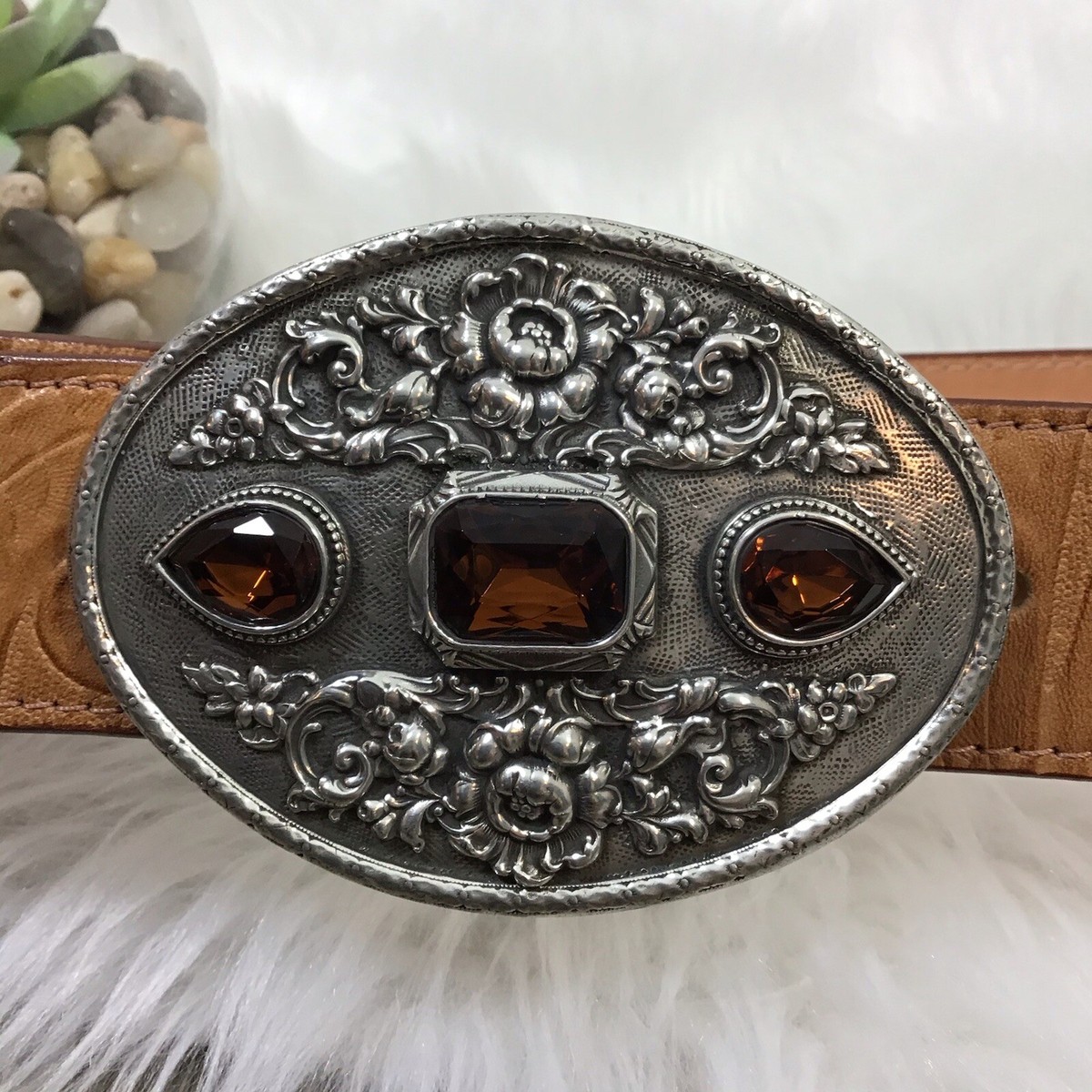 Moulin Rogue Silver Buckle Tan Tooled Leather Belt Tooled Tan Leather Belt Moulin Rogue Oval Silver Buckle  main image 2