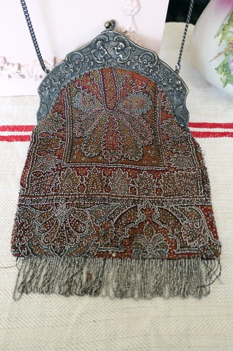 Antike Handtasche/Handtasche/Tasche mit Stahlschliff und Perlen! Verzierter KIRSCHBAUM ~ Engel Repousse RAHMEN!
