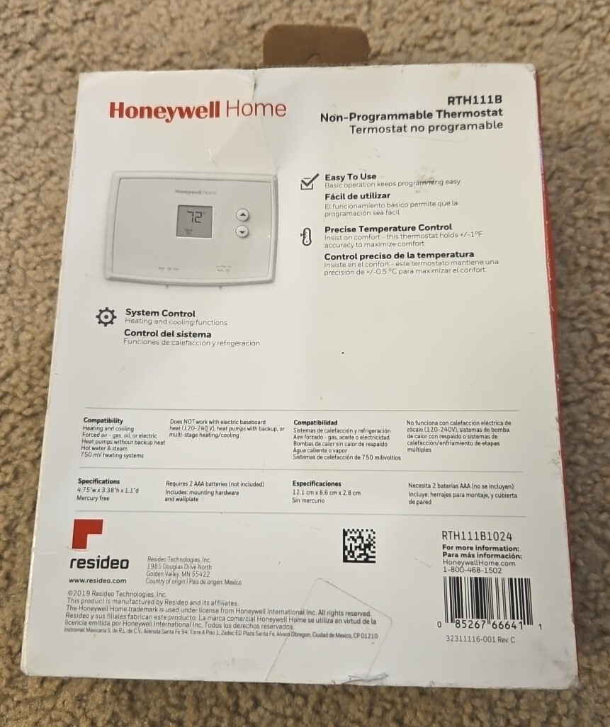 Honeywell RTH111B1024 Digital Non-Programmable Thermostat White