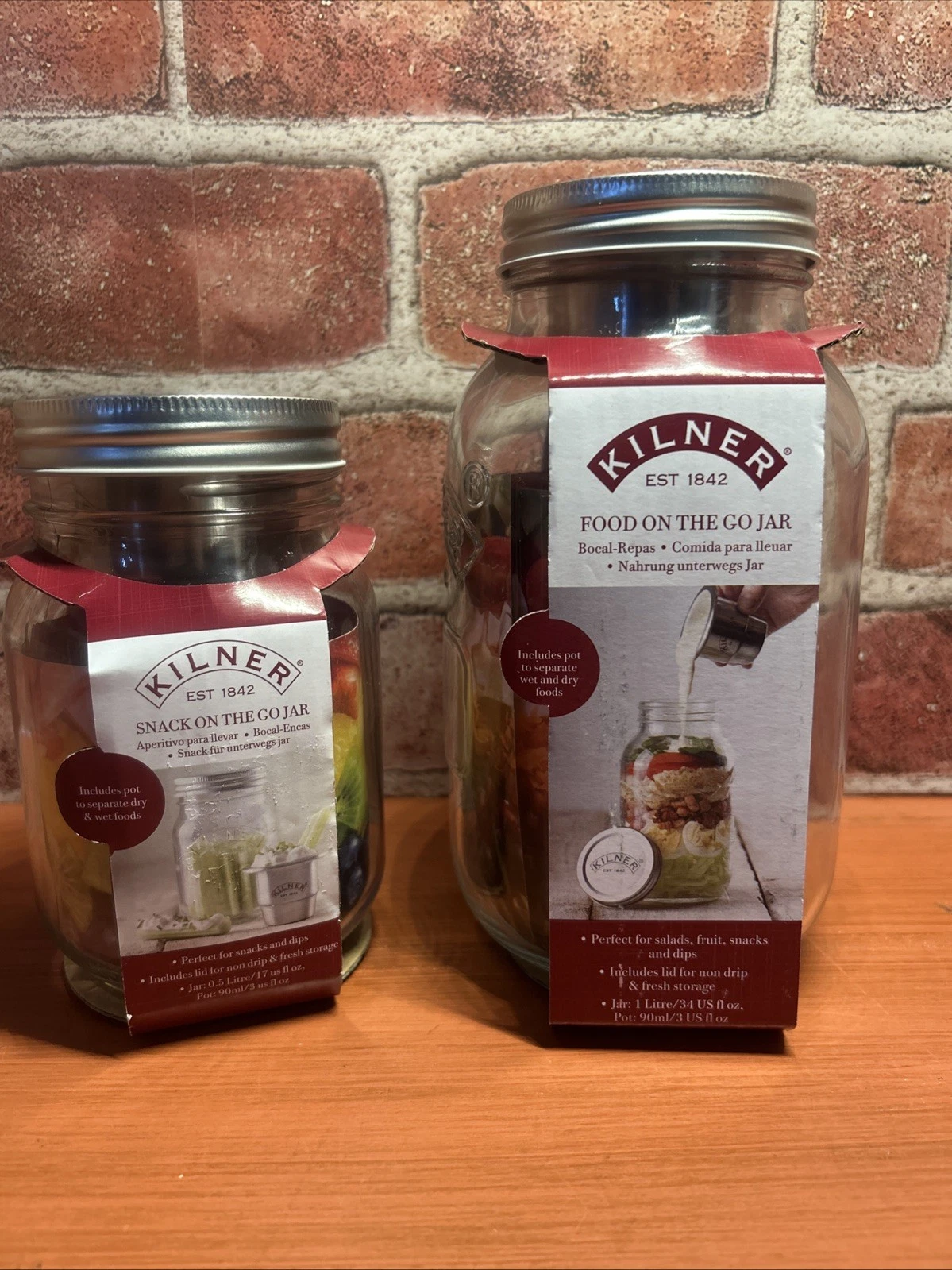 2 Kilner Food On The Go Jars 17 OZ & 34 OZ Glass Jars with Lids and Pots