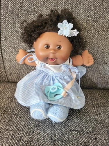 Cabbage Patch Kids Doll African American Girl Black Cornsilk Hair Pacifier Dress